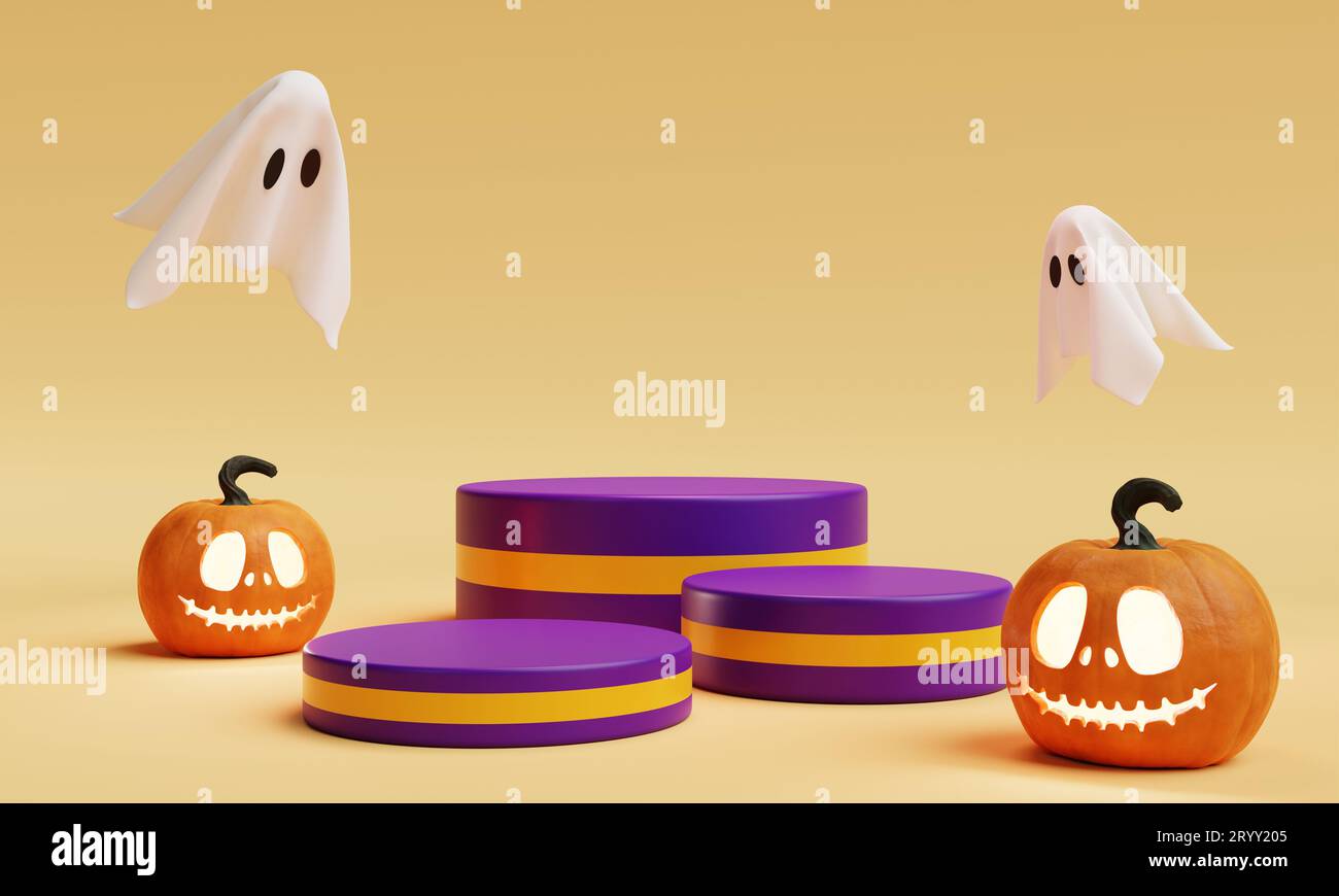 Halloween Jack o Lantern podio a tre fasi per la presentazione del prodotto. Festival delle vacanze e concetto stagionale. Illus 3D. Foto Stock