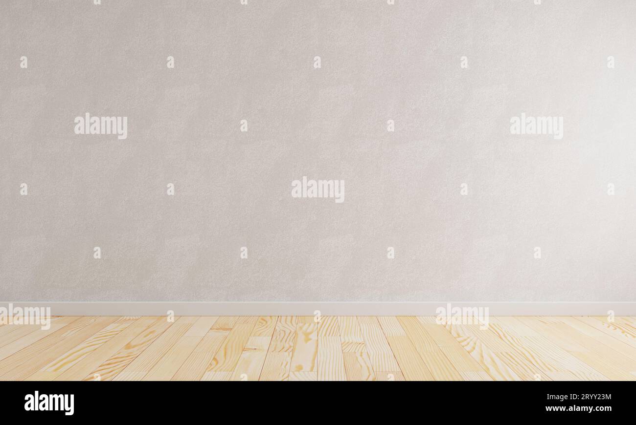 Camera vuota con pavimento in legno e pareti in cemento grezzo con sfondo in stile vintage dai toni scuri. Architettura e costruzione degli interni Foto Stock