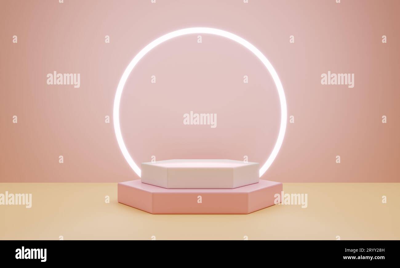 Palco da podio minimale con anello di colore rosa pastello e forma esagonale geometrica per lo sfondo della presentazione. AB Foto Stock