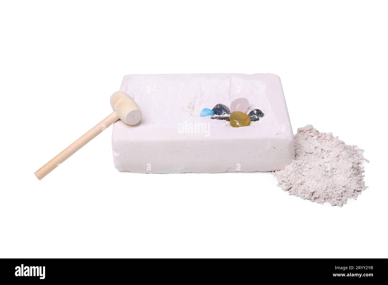 Kit di scavo su sfondo bianco. Giocattolo educativo per abilità motorie Foto Stock