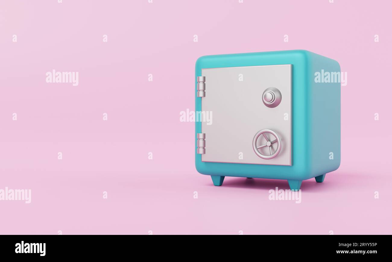 Sfondo rosa scatola di sicurezza blu. Concetto di sicurezza economica e di risparmio di denaro. 3D concetto di illustrazione. Foto Stock