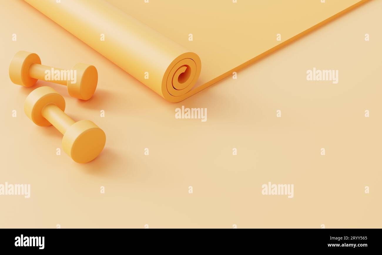 Set di accessori sportivi per il fitness con tappetino yoga e manubrio su sfondo giallo pastello. Concetto di oggetto fitness e sport. Monocolo Foto Stock