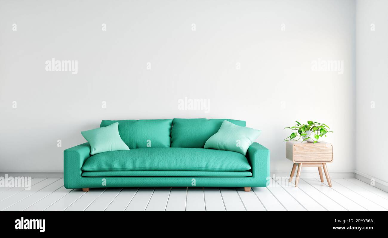 Divano verde con tavolo da piante su una parete bianca vuota sullo sfondo del soggiorno. Architettura e interni. 3D rendering dell'illustrazione Foto Stock