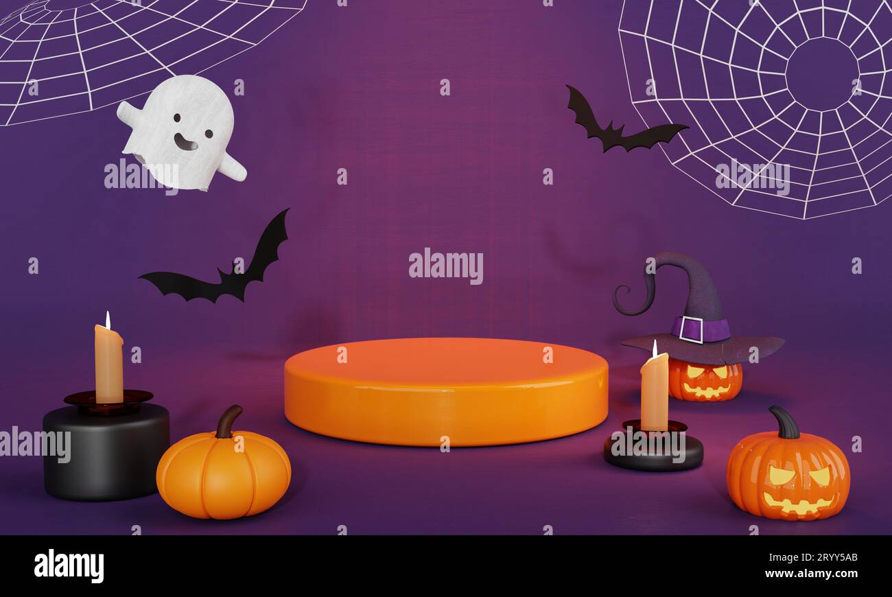 Giorno di Halloween nero arancio con carina zucca fantasma e pipistrelli palco podio e spettrale lume di candela su sfondo viola. Ho Foto Stock
