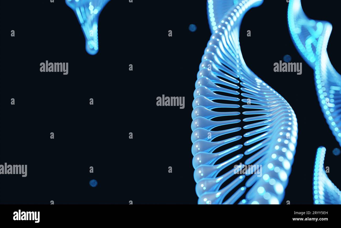 Modificazione genetica cromosomica del DNA dell'elica blu su sfondo nero. Scienza e concetto medico. Rendering di illustrazioni 3D Foto Stock