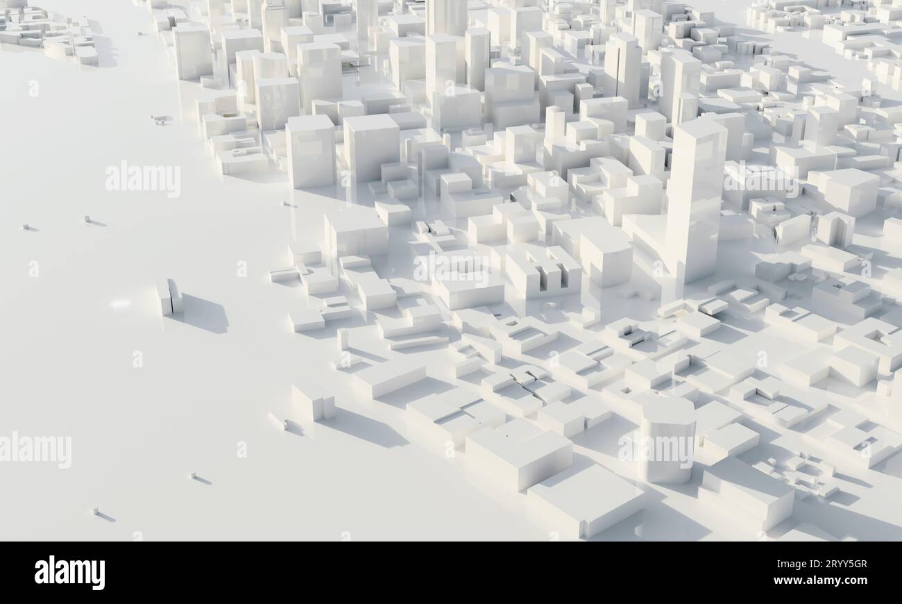Grattacielo e metropoli in bianco e nero. Architettura e piano urbano per gli affari. Scenografia a basso poligono. Blueprin Foto Stock