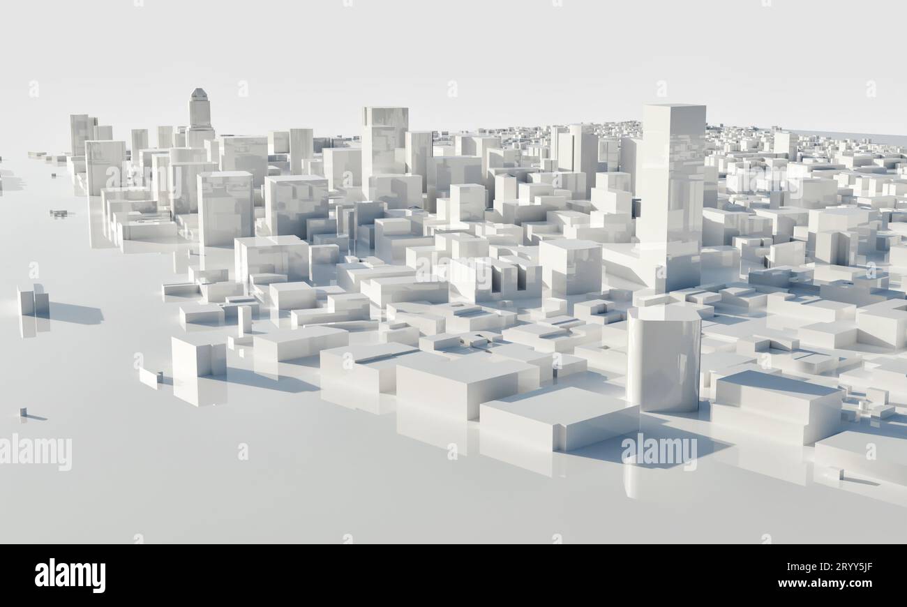 Grattacieli e metropoli in monocromia. Architettura e concetto di piano della città d'affari. Scena a basso poligono di paesaggio urbano. Progetto per il mega progetto Foto Stock