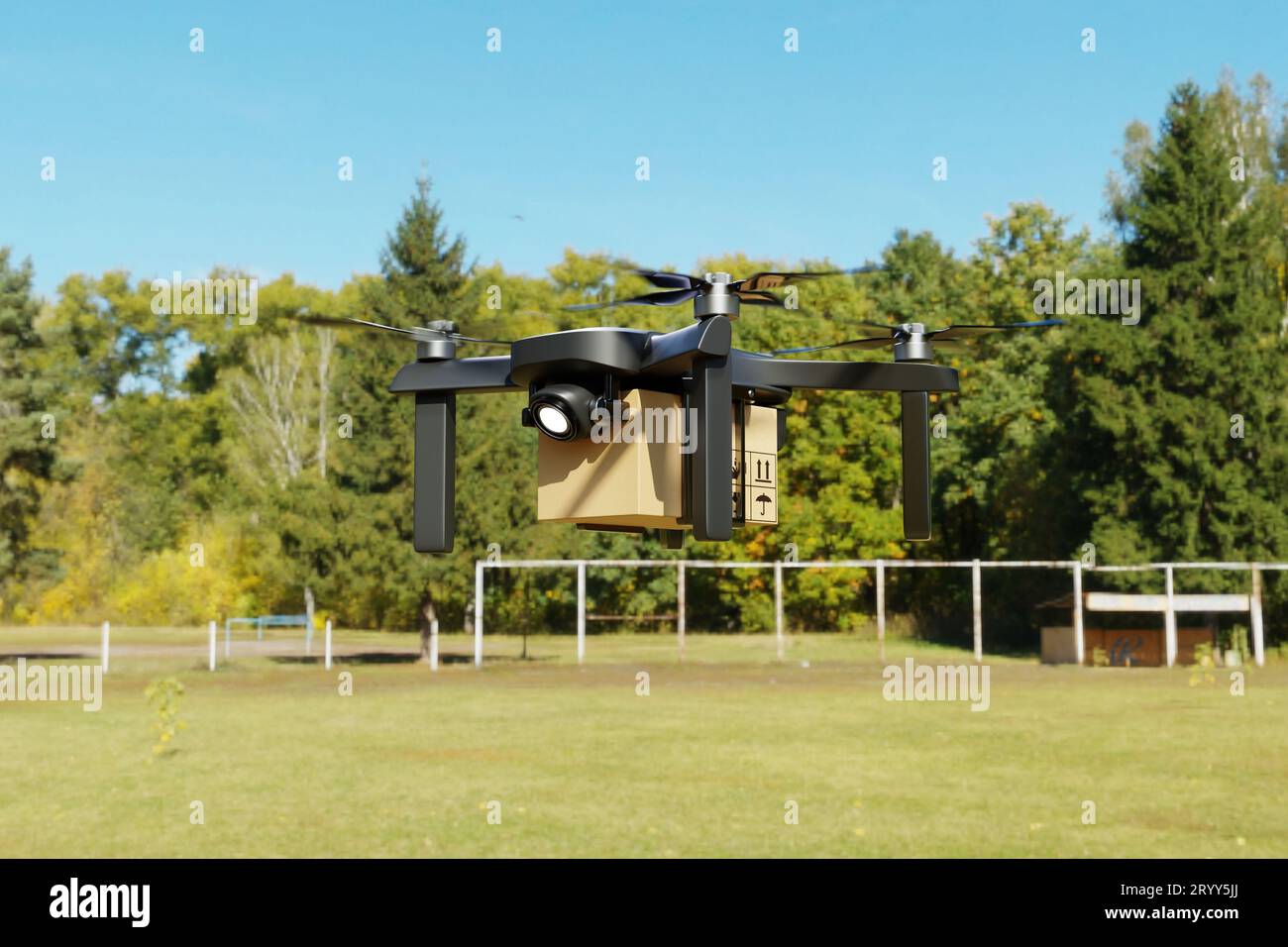 Consegna di un drone aereo volante nella fattoria. Tecnologia aziendale trasporti e concetto agricolo. Shopping e servizio online Foto Stock