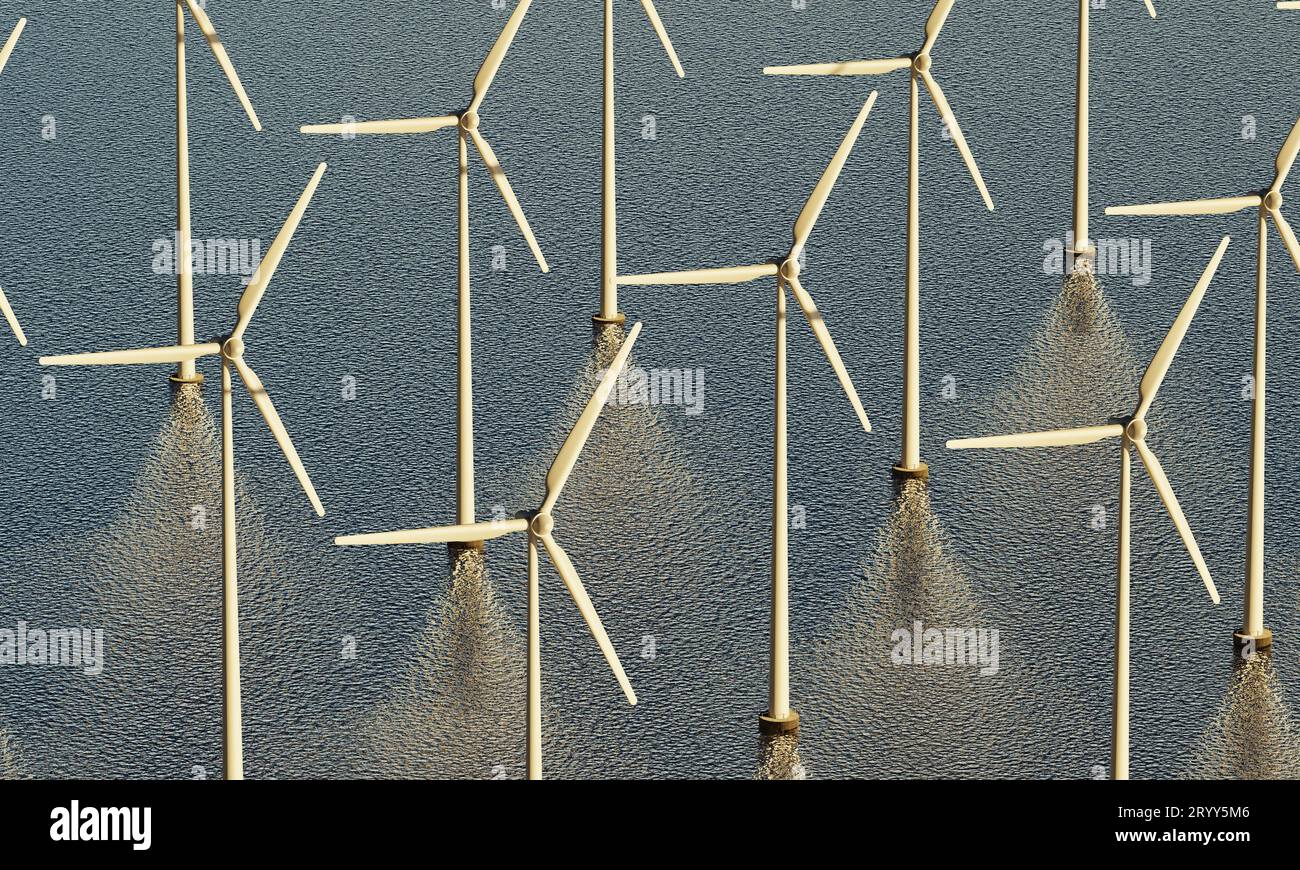 Turbine eoliche che girano per generare energia elettrica per le famiglie in mare come centrali elettriche rinnovabili. conc. energia pulita e sostenibile Foto Stock