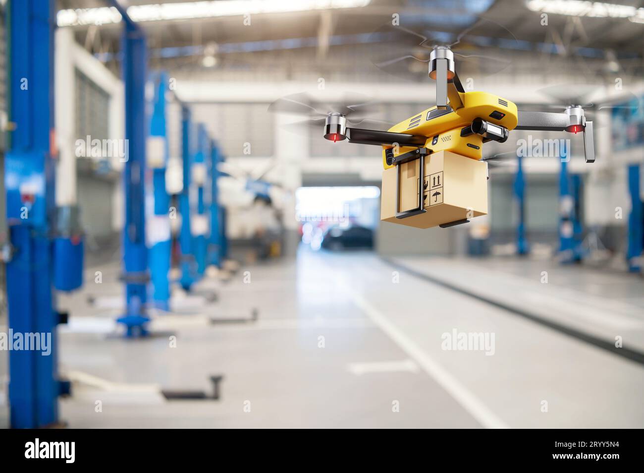 Drone consegna volante trasferimento pacchi dal magazzino di distribuzione al centro di assistenza clienti ba Foto Stock