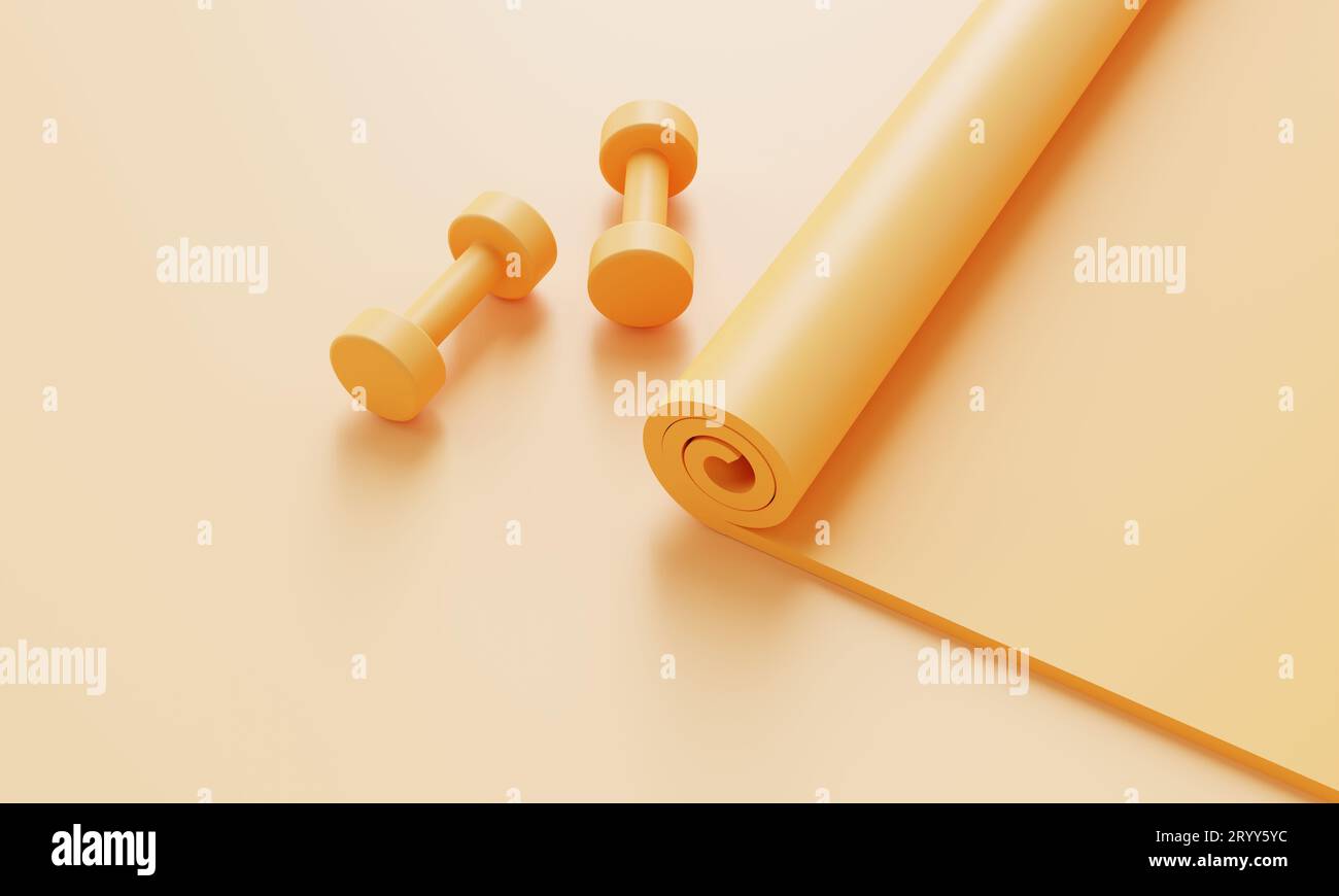 Set di accessori sportivi per il fitness con tappetino yoga e manubrio su sfondo giallo pastello. Concetto di oggetto fitness e sport. Monocolo Foto Stock