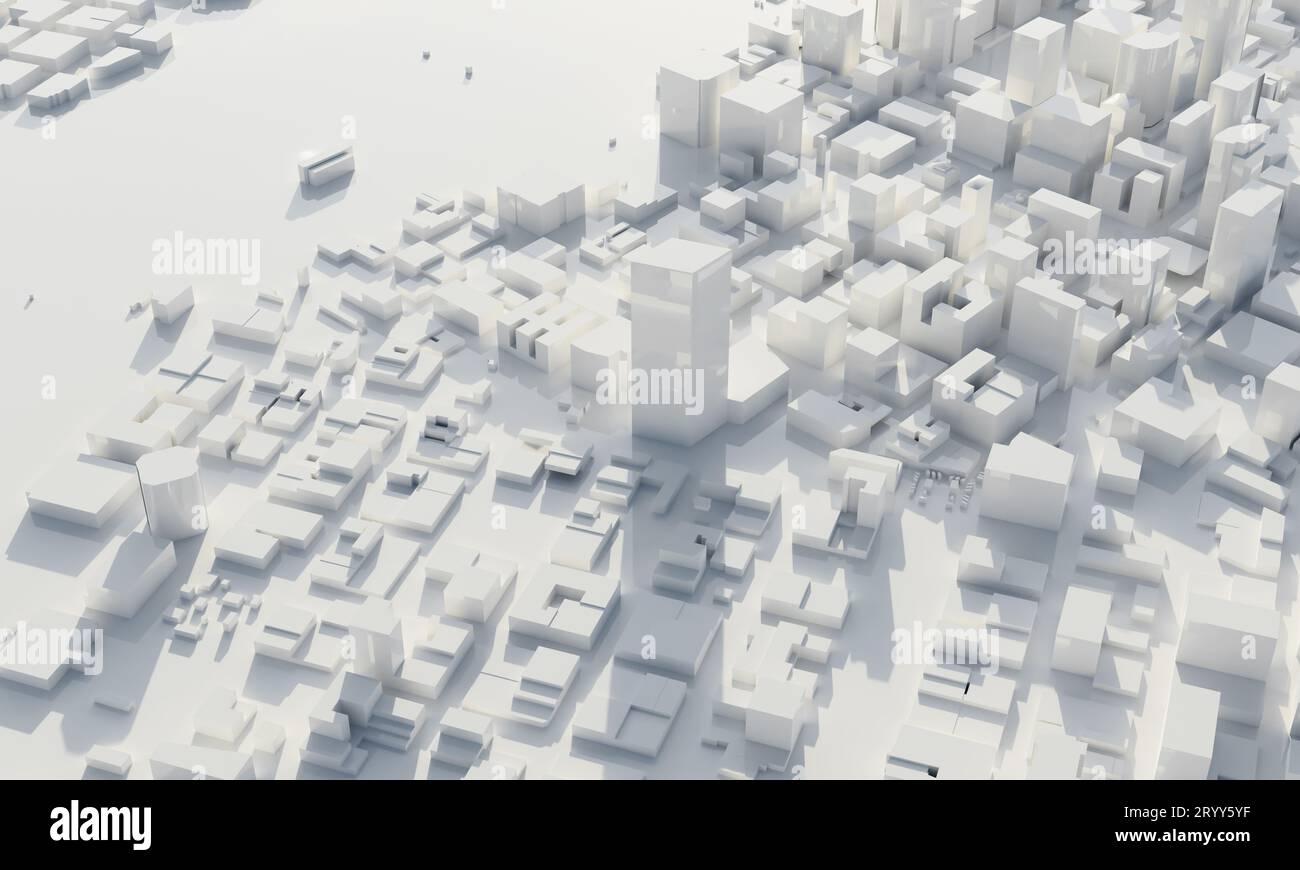 Grattacielo e metropoli in bianco e nero. Architettura e piano urbano per gli affari. Scenografia a basso poligono. Blueprin Foto Stock