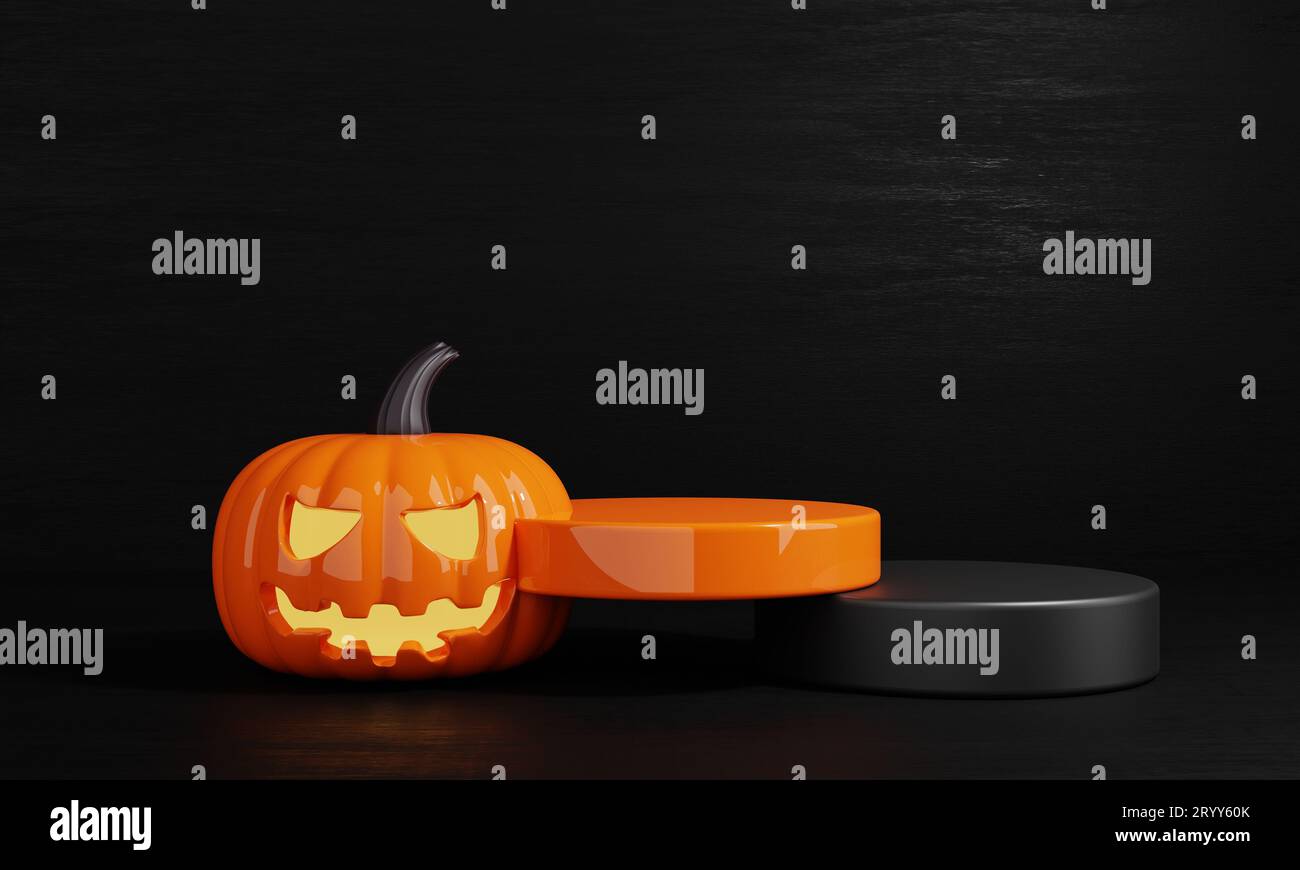 Palco del podio dei prodotti di zucca arancione e nera per il giorno di Halloween per uno sfondo pubblicitario vuoto. Vacanze e stagione. Spoo Foto Stock