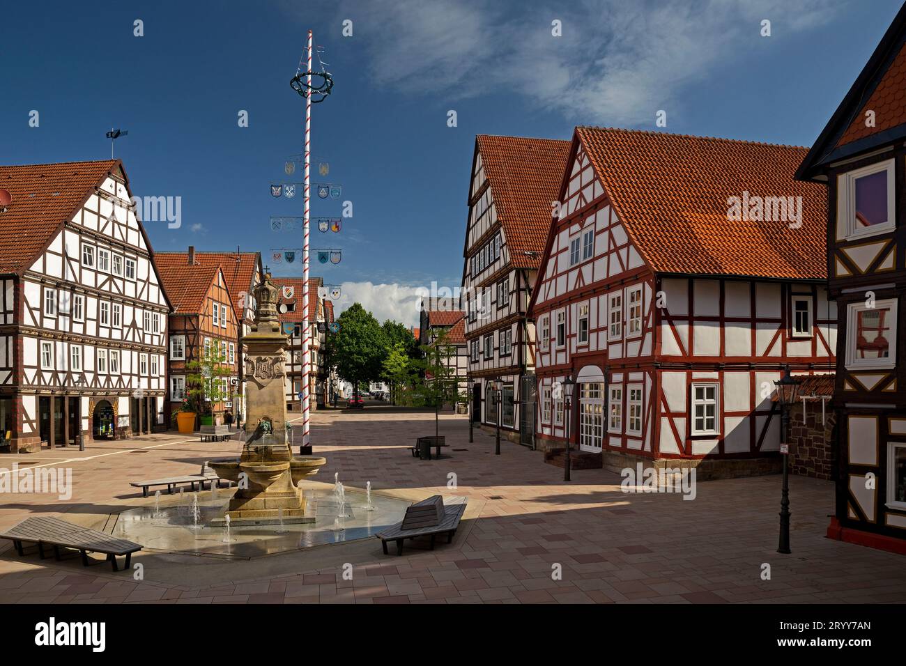 Piazza del mercato con fontana del mercato e maypole nella città vecchia, Hofgeismar, Assia, Germania, Europa Foto Stock