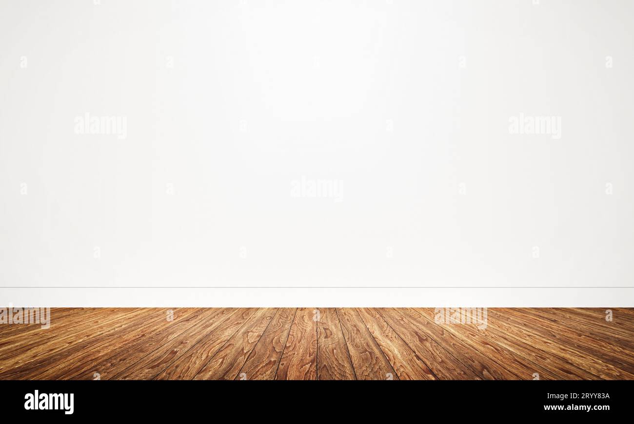 Camera vuota con pavimento in legno. Piano del tavolo per spazi pubblicitari e di copia. Architettura e concetto di interni. 3D illustr Foto Stock