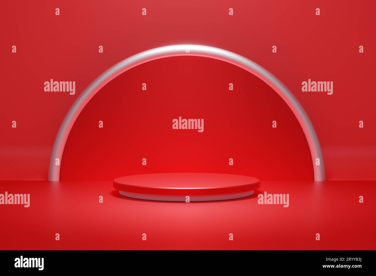 Palco a podio prodotto rosso, anello argento e sfondo luce spot. Concetto di geometria minima astratta. Centro esposizioni e business m Foto Stock