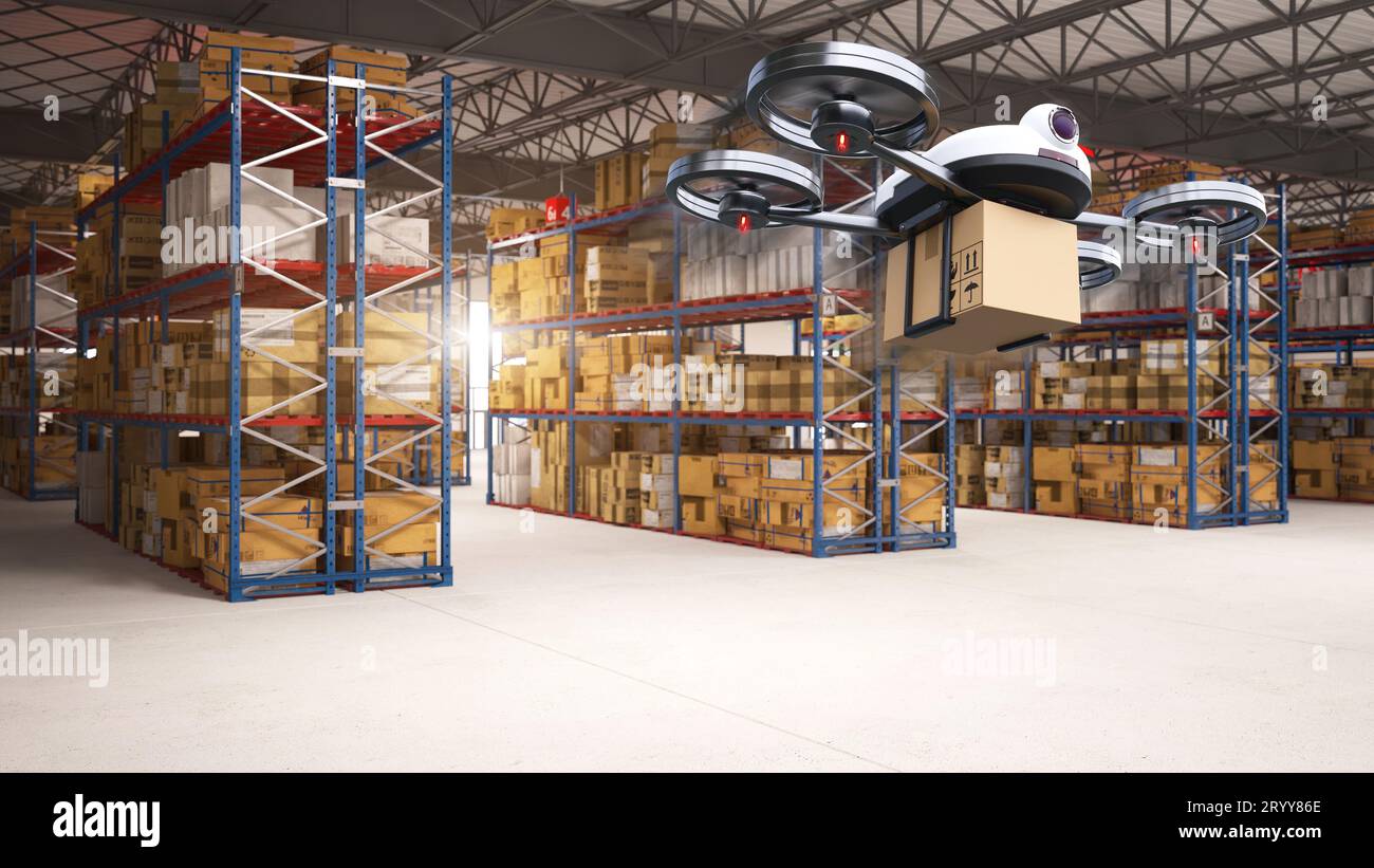 Drone di consegna consegna consegna dei pacchi al centro di distribuzione e ai clienti dallo stoccaggio del magazzino. Futuristics Industrial t Foto Stock