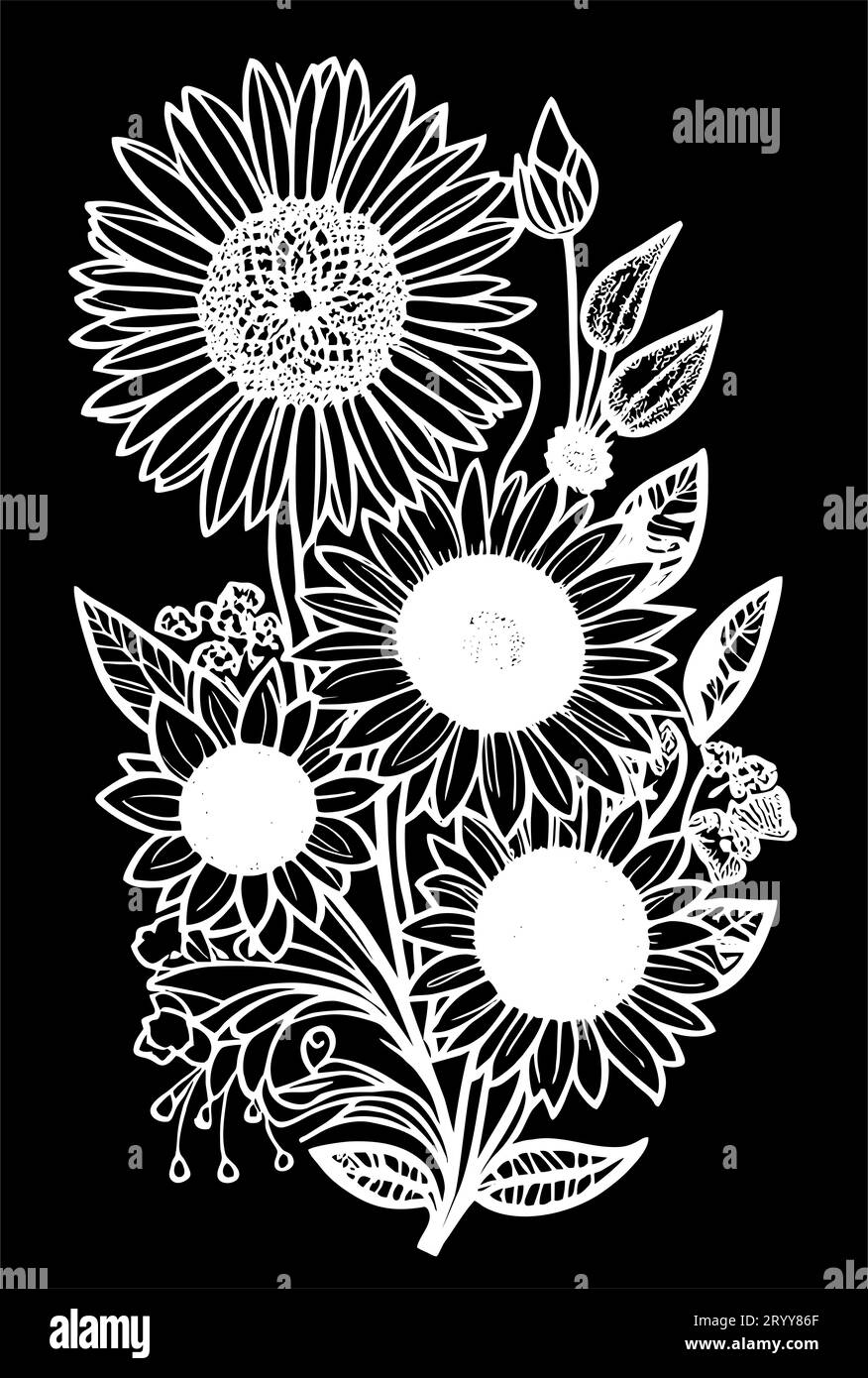 disegno grafico bianco di contorno di un bouquet di fiori su sfondo nero, disegno Foto Stock