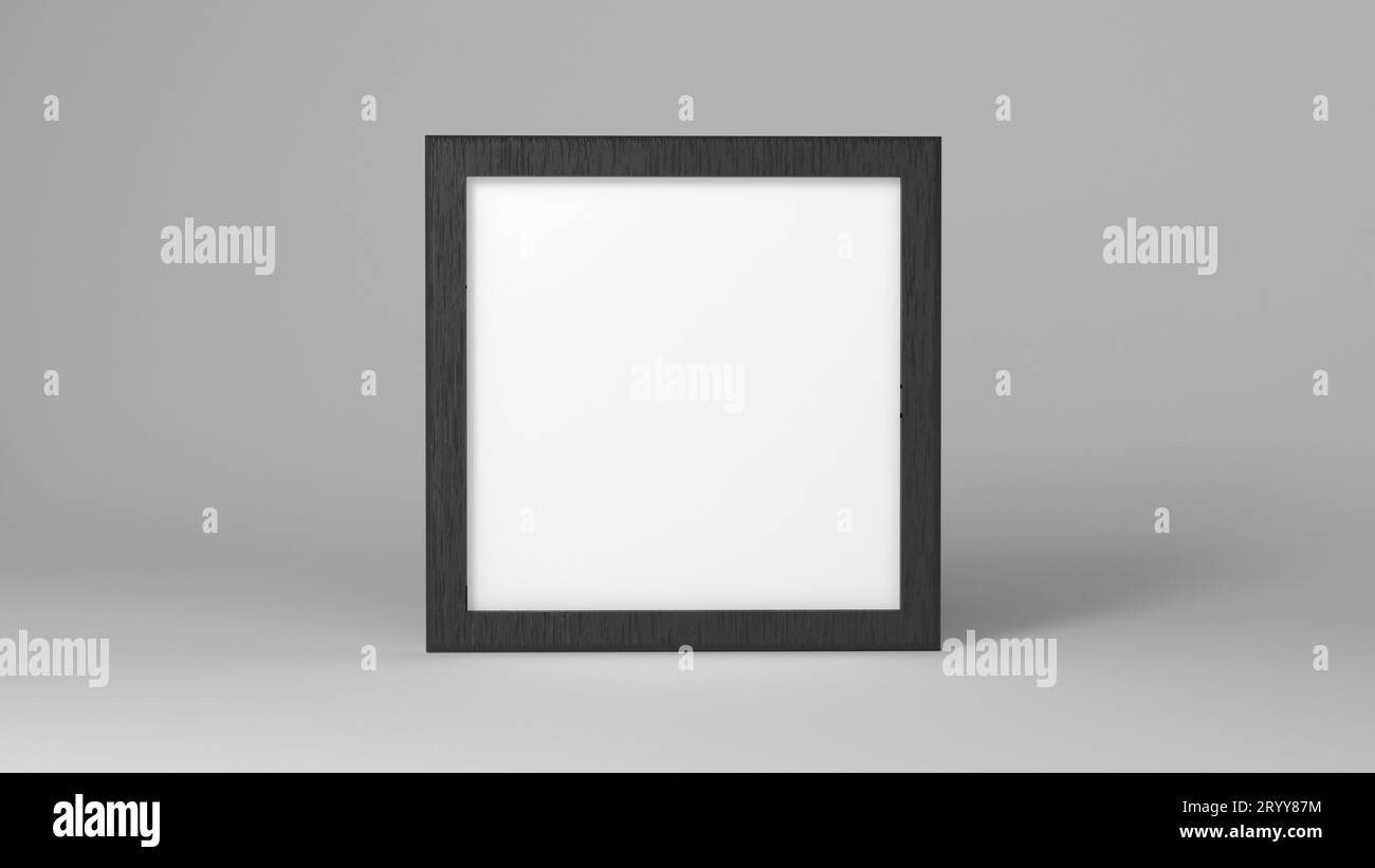 Modello bianco con cornice quadrata su sfondo grigio scuro. Copertina stampata del modello di presentazione del branding. Minimalismo e interi Foto Stock