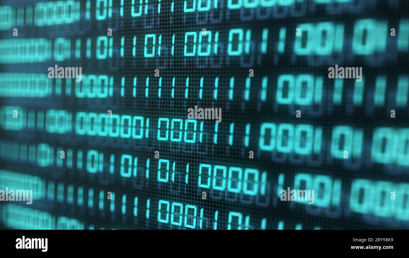 Numero di codice binario digitale sullo sfondo dello schermo del computer. Rete globale software numerale digitale blu-verde. Sicurezza informatica e. Foto Stock
