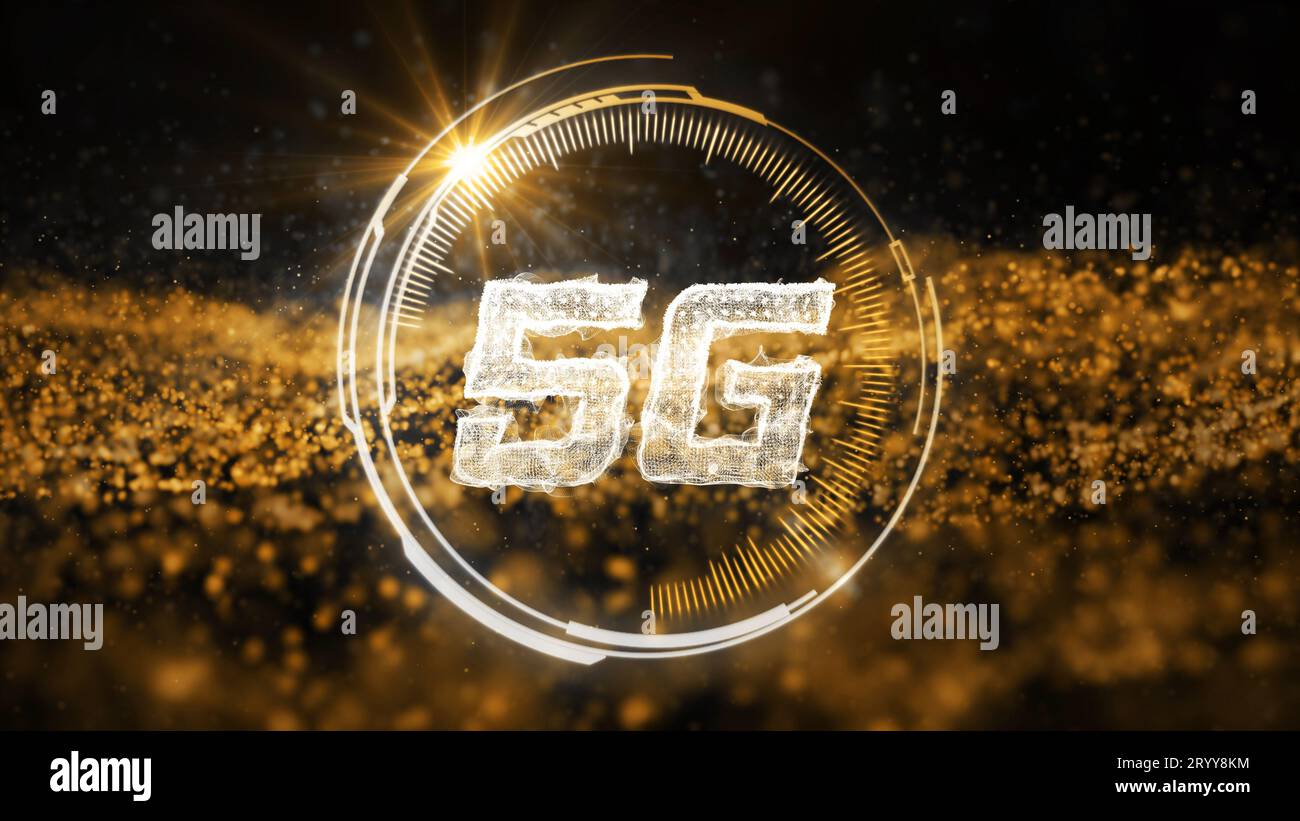 Comunicazione 5G HUD con dati astratti della rete Gold che trasferiscono lo sfondo del movimento. Tecnologia e concetto futuristico. spe alta Foto Stock