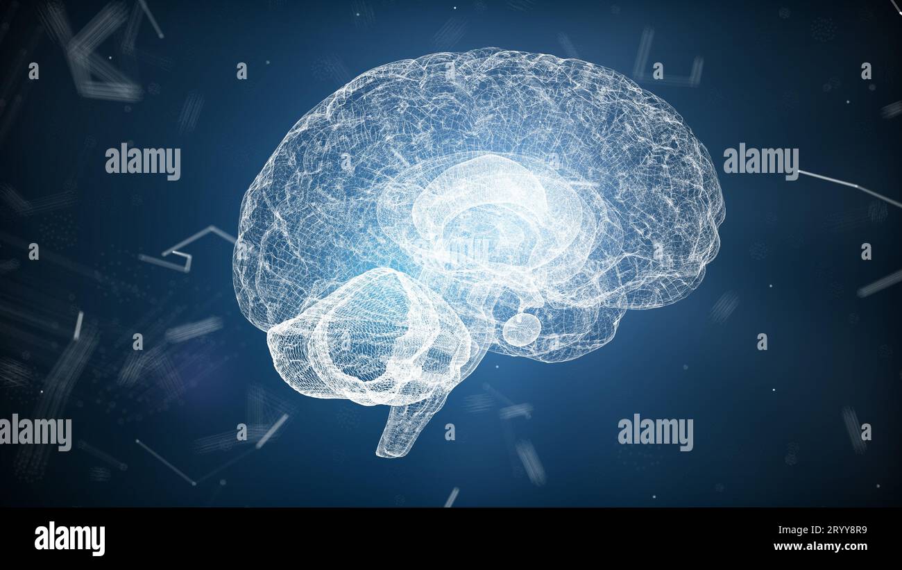 Abstract medical bagliore blu cervello rete wireframe e collegamento di dot nello spazio dello sfondo. Futuristics la scienza e la tecnologia medica concetto. Abstrac Foto Stock