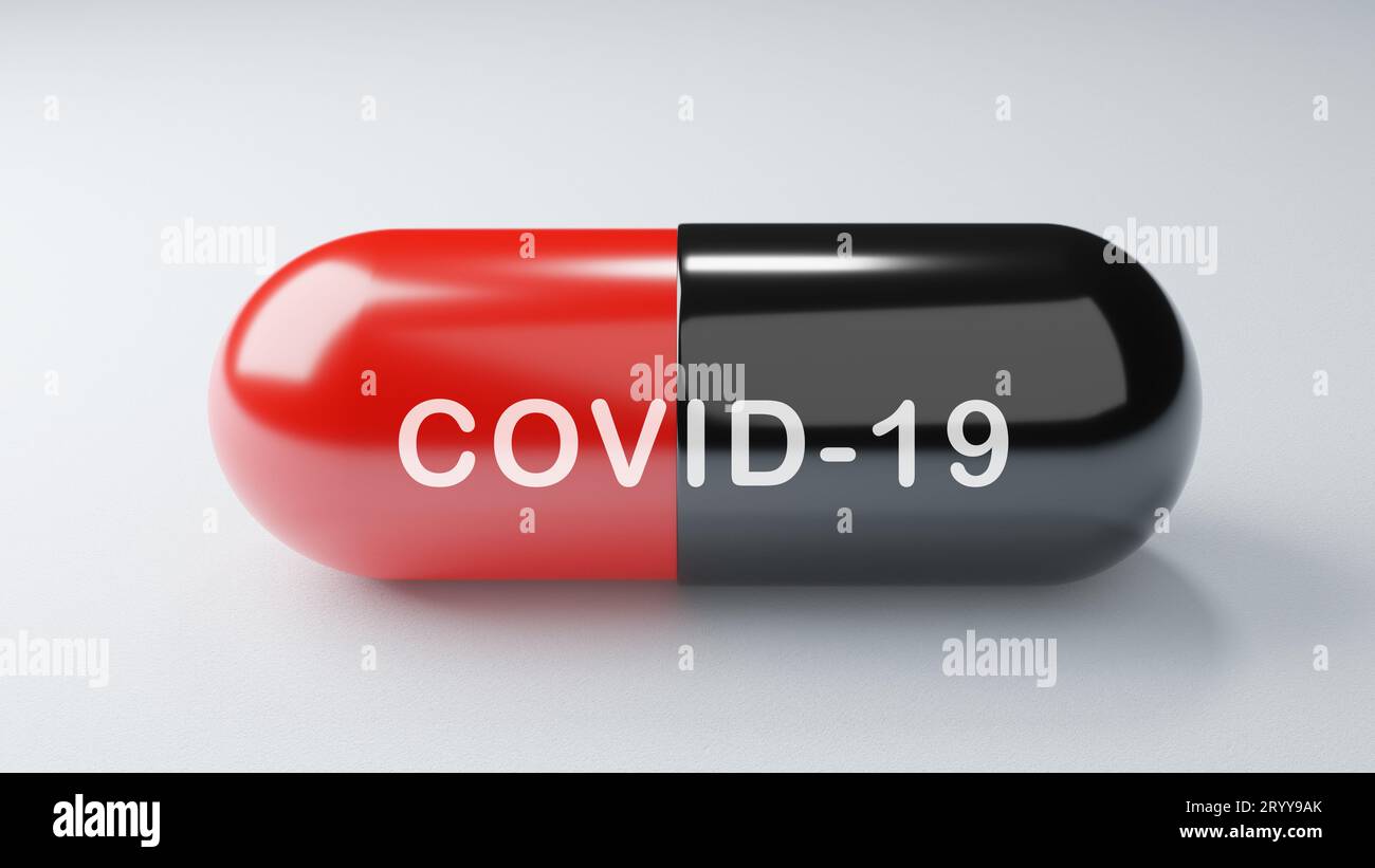 Closeup Covid-19 capsule antiretrovirali su sfondo bianco. Concetto di medicina e vaccino. Scienza medica e assistenza sanitaria. ANT Foto Stock