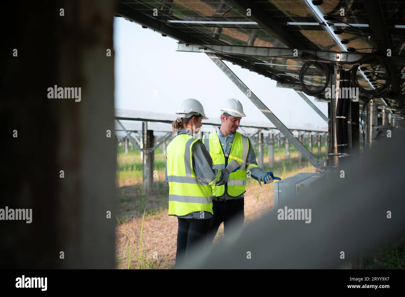 Un team di ingegneri elettrici sta ispezionando e manutenendo i pannelli solari in un sito di pannelli solari nel mezzo di cento acri Foto Stock