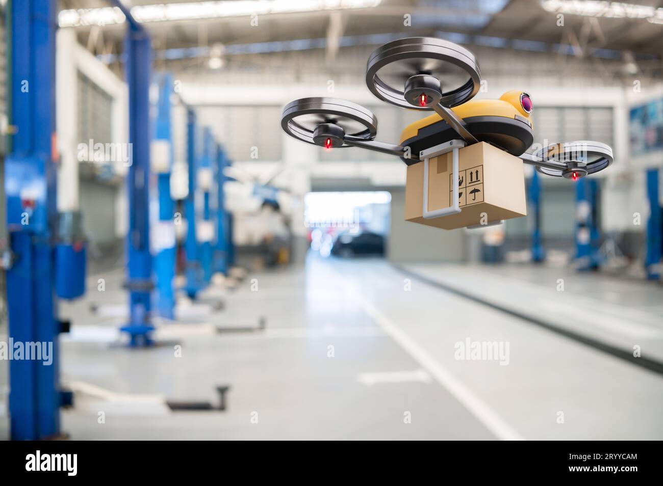 Drone per la consegna dei pezzi di ricambio presso il garage del principale centro di assistenza auto per la fornitura di componenti meccanici per la spedizione Foto Stock