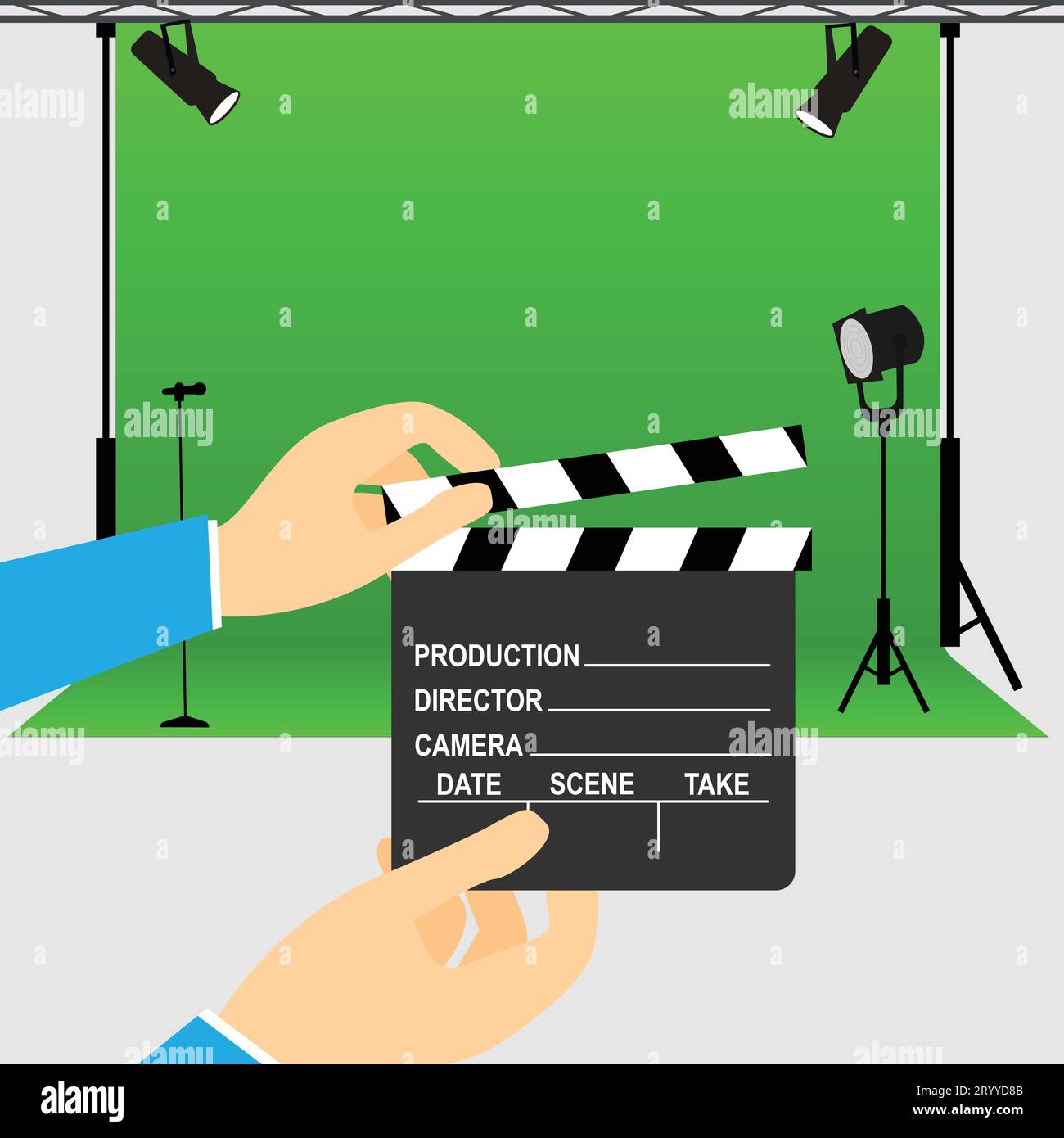 Mani che tengono un clapperboard di fronte a uno studio cinematografico Illustrazione Vettoriale