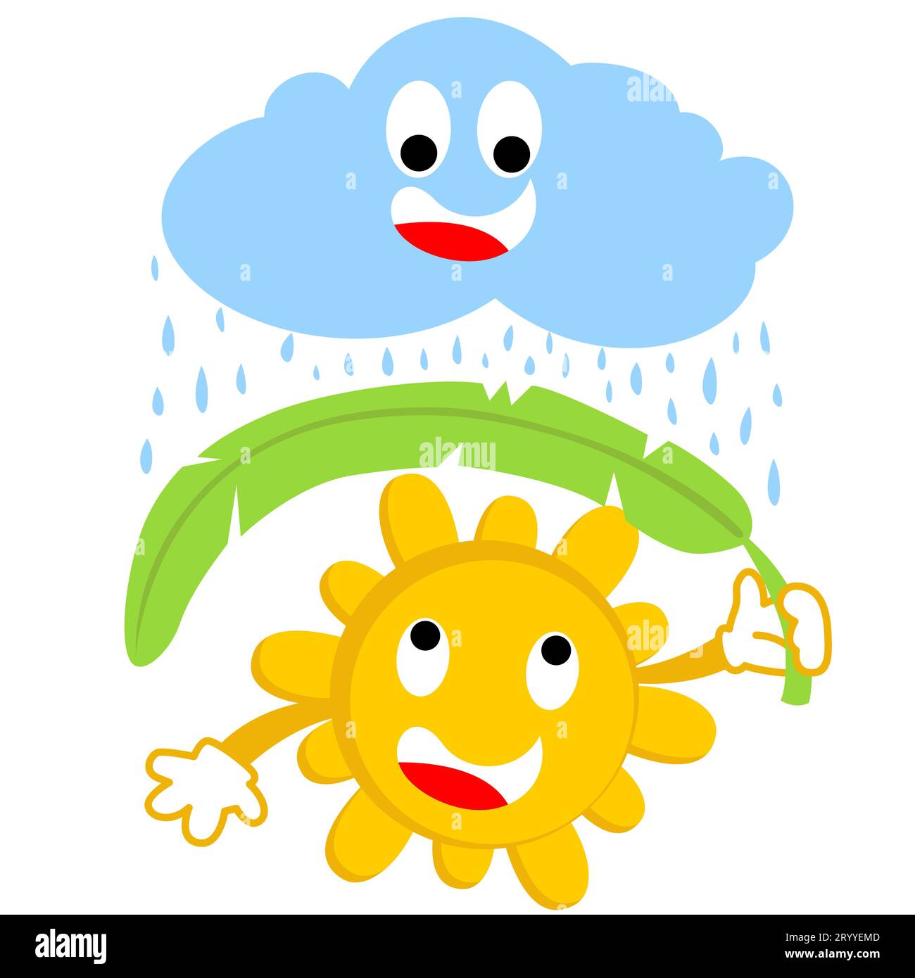 Il sole sorridente si ripara dalla pioggia utilizzando foglie di banana, stagione delle piogge con divertenti nuvole e illustrazione dei cartoni animati vettoriali Illustrazione Vettoriale