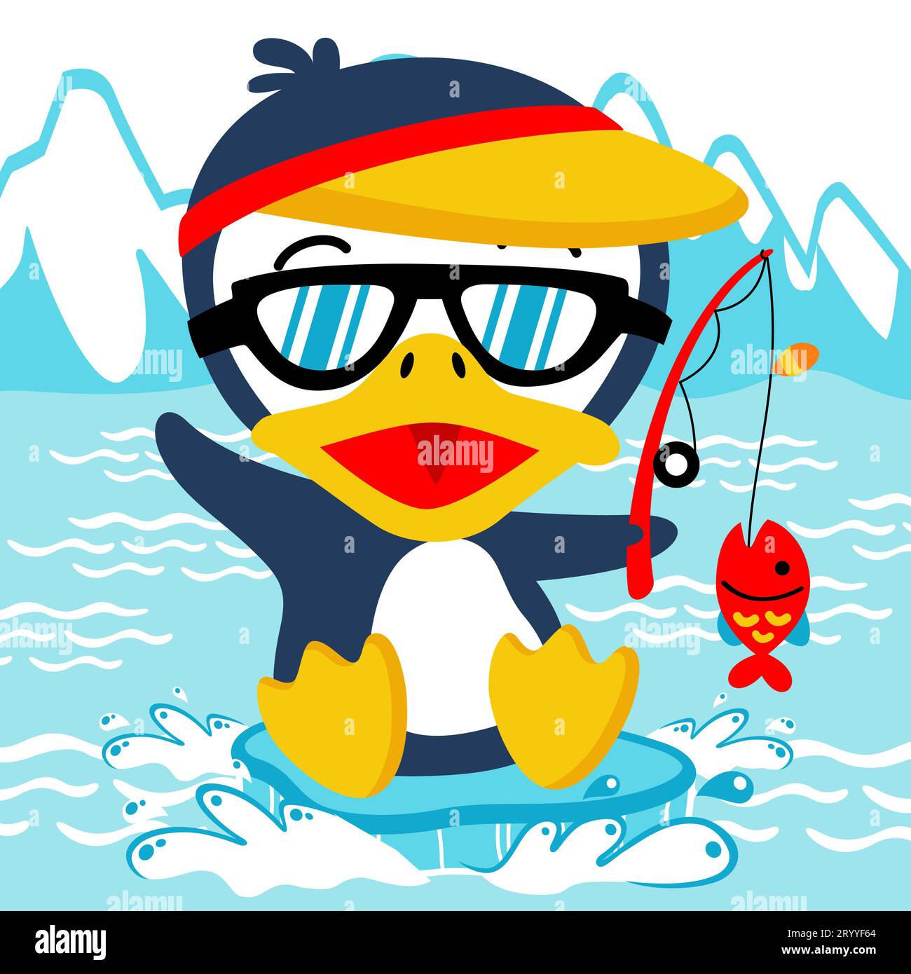 Grazioso pinguino che indossa cappello e occhiali da sole, pesca su sfondo di montagne ghiacciate, illustrazione di cartoni animati vettoriali Illustrazione Vettoriale
