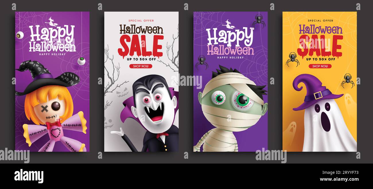 Promozione Halloween - poster vettoriale. Felice messaggio di auguri di halloween con simpatici personaggi nella collezione di layout cartolina. Illustrazione vettoriale Illustrazione Vettoriale