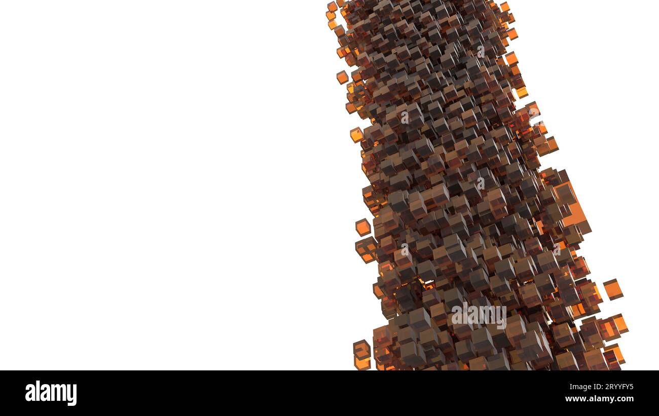 Tempesta di cubi d'arancio che cadono dal cielo. Concetto astratto e 3D. Tema geometria isometrica. Idea creativa per un design moderno. Copia Foto Stock