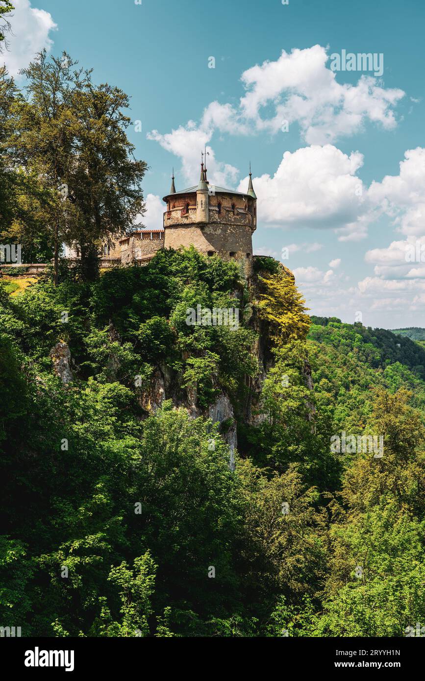 Vista panoramica del castello di Lichtenstein in Germania. Foto Stock