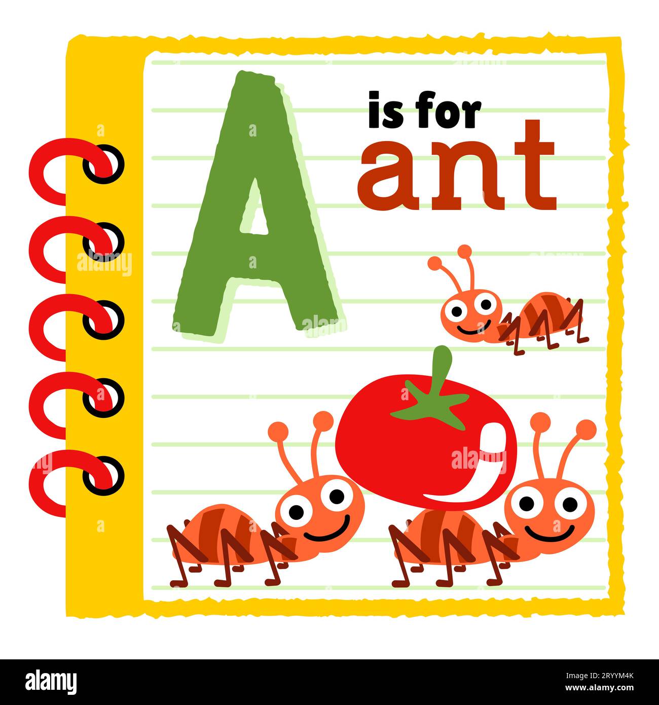 Gruppo di formiche con frutta nella cornice del notebook, cartoni animati didattici per bambini, illustrazioni di cartoni animati vettoriali Illustrazione Vettoriale