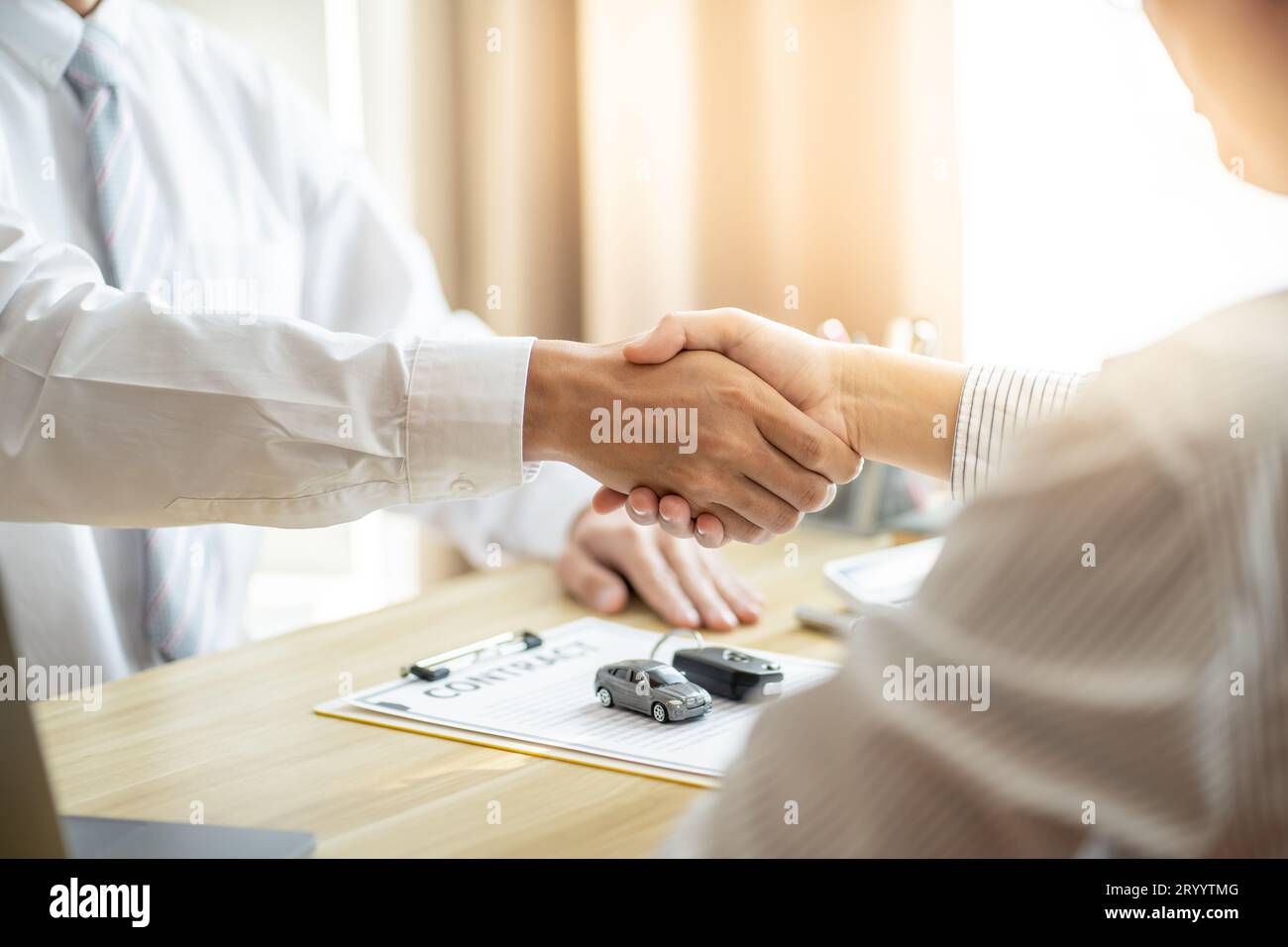 Agente assicurativo del registro delle perdite che ispeziona la vettura danneggiata. Il responsabile delle vendite fornisce un documento del modulo di richiesta di consulenza che valuta l'offerta di mutui ipotecari per auto Foto Stock