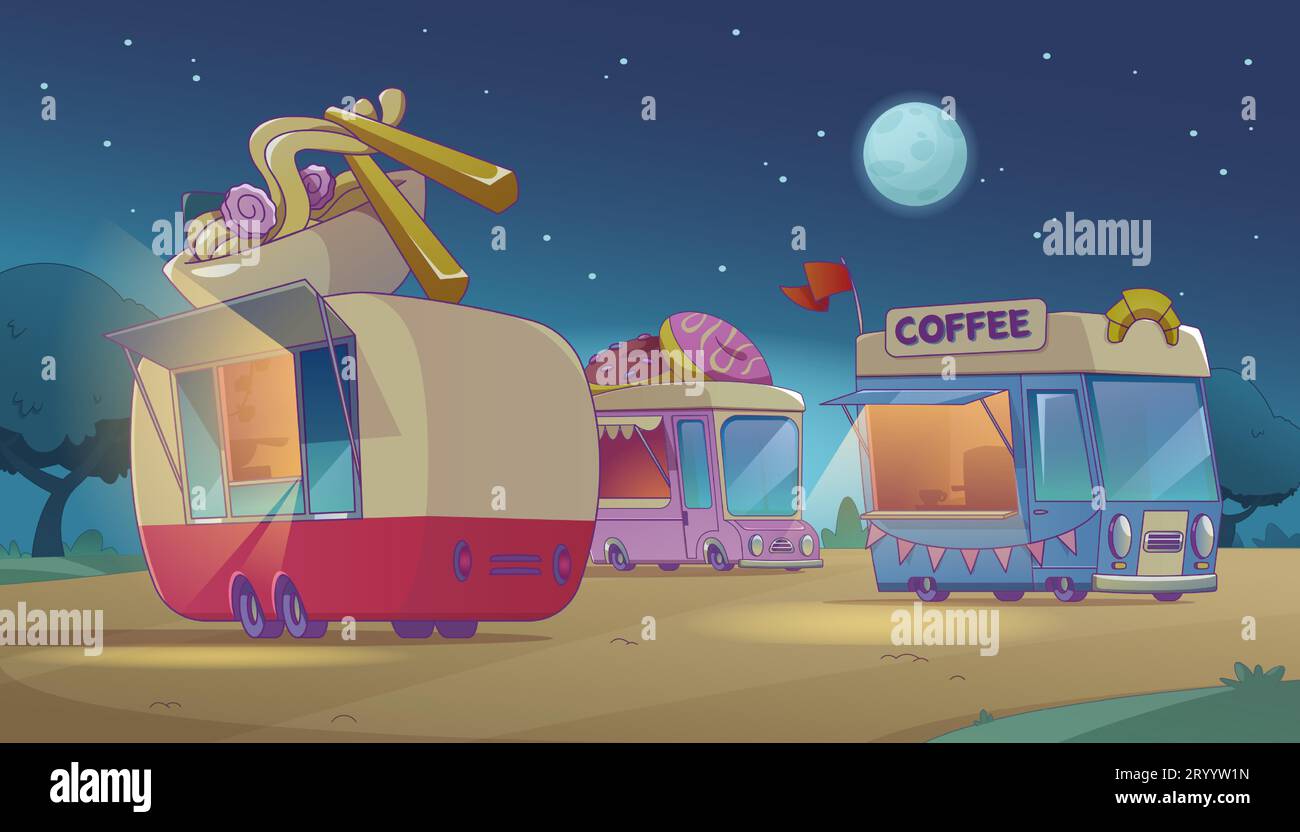 Food truck nel parco cittadino di notte. Paesaggio urbano estivo vettoriale con auto che vendono fast food e bevande. Caffè con noodle udon, ciambelle dolci e caffè fresco su ruote sotto la luce della luna. Illustrazione Vettoriale