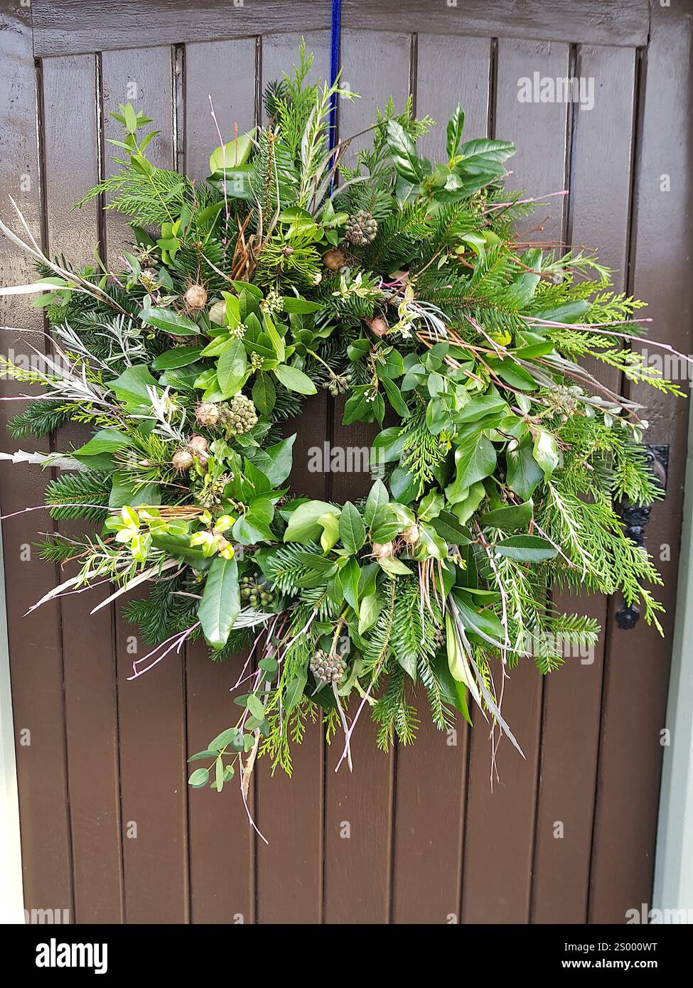Una corona floreale natalizia su una tradizionale porta con pannelli di legno. Foto Stock