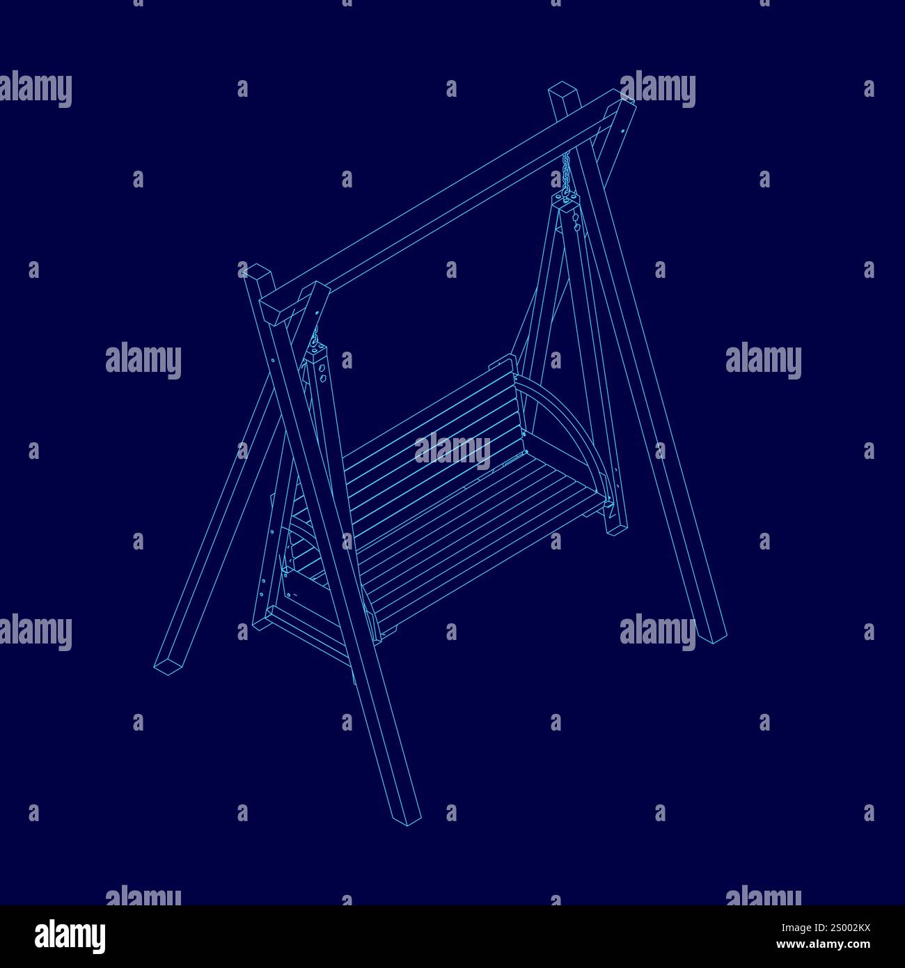 mobili classici in legno da patio sospeso da esterno con panchina a dondolo e corde isolate su sfondo blu. 3d. illustrazione vettoriale. Vista isometrica Illustrazione Vettoriale