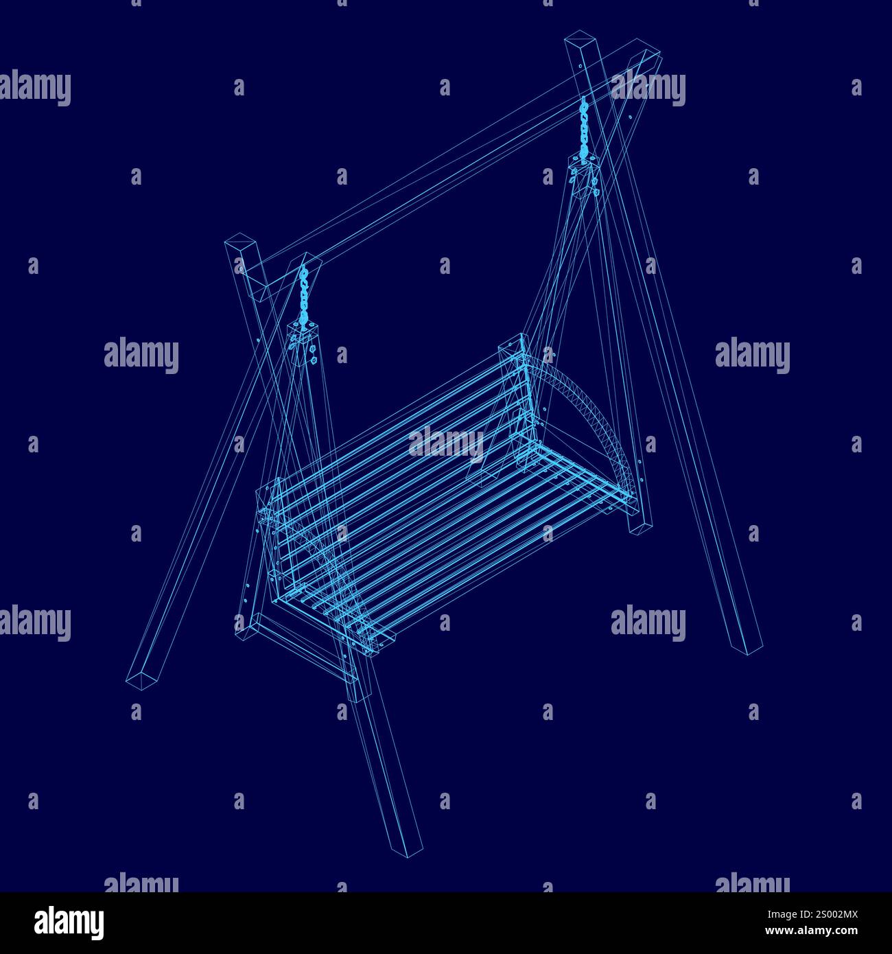 mobili classici in legno da patio sospeso da esterno con panchina a dondolo e corde isolate su sfondo blu. 3d. illustrazione vettoriale. Vista isometrica Illustrazione Vettoriale