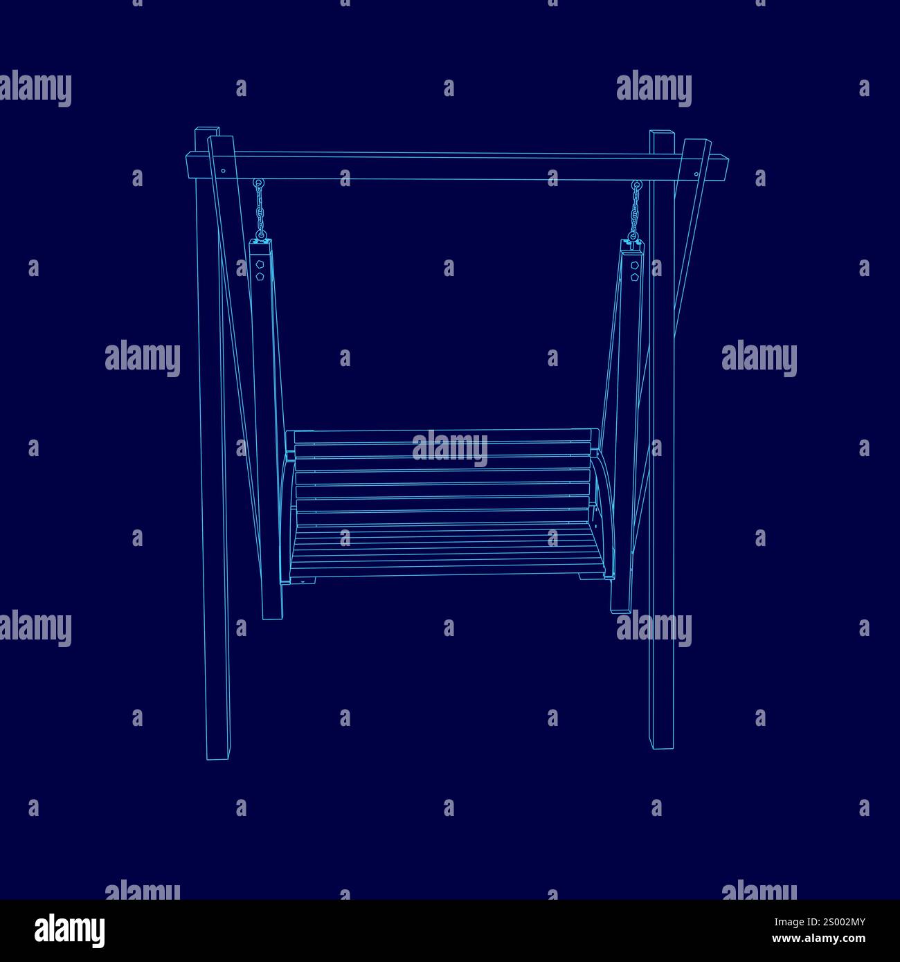 mobili classici in legno da patio sospeso da esterno con panchina a dondolo e corde isolate su sfondo blu. 3d. illustrazione vettoriale. Vista frontale Illustrazione Vettoriale