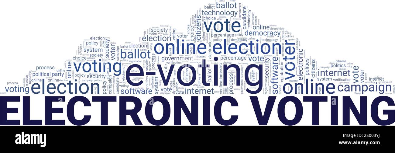 Voting elettronico, votazioni elettroniche, progettazione concettuale di Word cloud isolata su sfondo bianco. Illustrazione Vettoriale