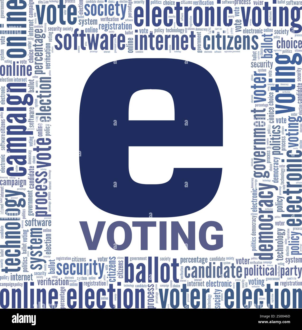 Voting elettronico, votazioni elettroniche, progettazione concettuale di Word cloud isolata su sfondo bianco. Illustrazione Vettoriale