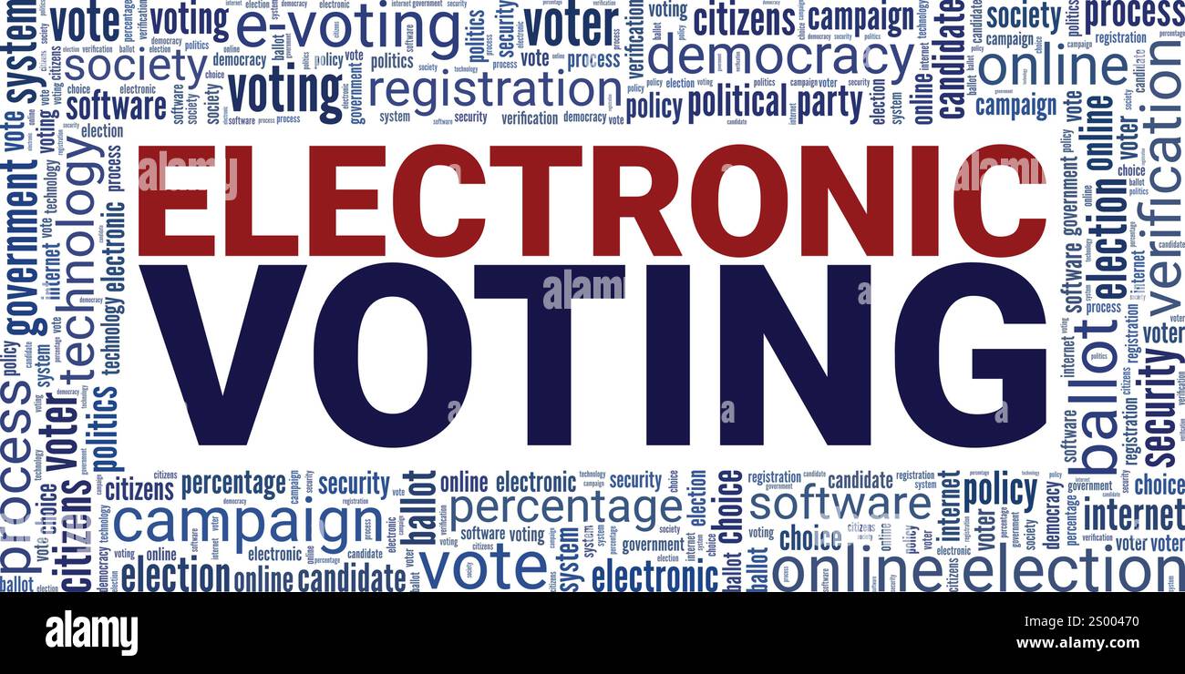 Voting elettronico, votazioni elettroniche, progettazione concettuale di Word cloud isolata su sfondo bianco. Illustrazione Vettoriale
