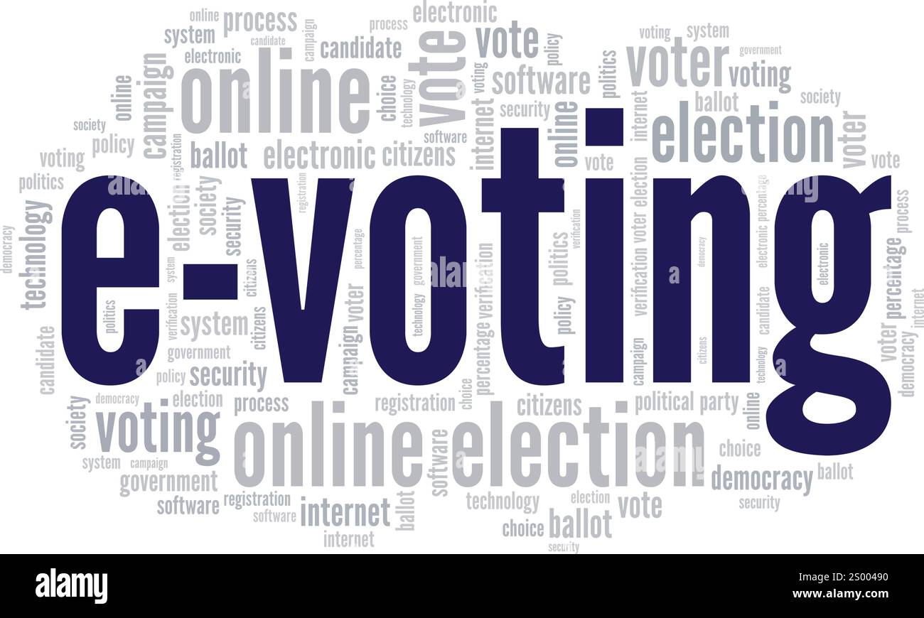 Voting elettronico, votazioni elettroniche, progettazione concettuale di Word cloud isolata su sfondo bianco. Illustrazione Vettoriale