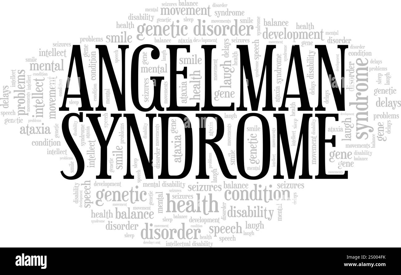 Design concettuale della nuvola di parole della sindrome Angelman isolato su sfondo bianco. Illustrazione Vettoriale