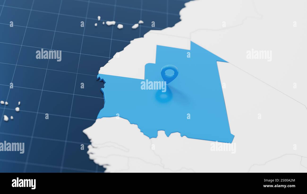 Mappa 3d blu della Mauritania con puntino circondato da altri paesi in bianco. Europa carta politica con confini. illustrazione di rendering 3d. Foto Stock