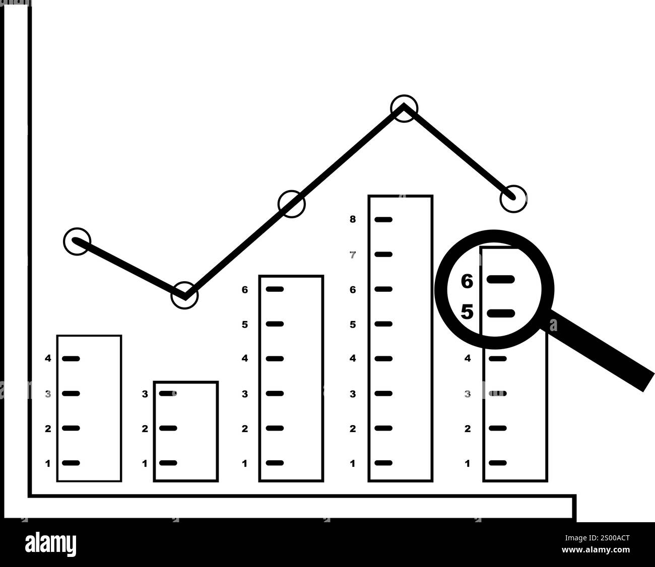 illustrazione vettoriale icona di disegno lente di ingrandimento e grafico a barre nel concetto di analisi dei dati, disegno in bianco e nero Illustrazione Vettoriale