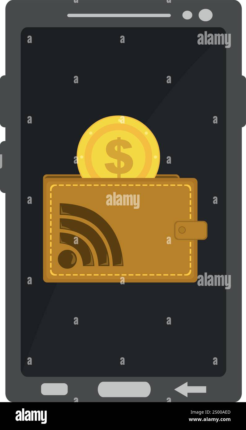 icona dell'illustrazione vettoriale concetto di portafoglio virtuale, di un telefono cellulare e di una valuta digitale Illustrazione Vettoriale